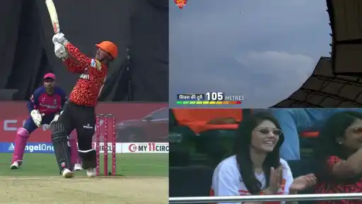 Travis Head lit up the IPL 2025 clash between SunRisers Hyderabad and Rajasthan Royals with a massive 105-meter six off Jofra Archer, thrilling fans and team owner Kavya Maran during a fiery powerplay.