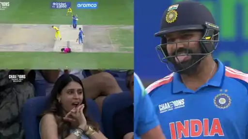 Rohit Sharma’s explosive straight drive nearly strike umpire Chris Gaffaney who dodged it just in time See the viral video from the India vs Australia semi-final in Dubai