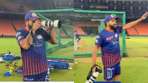 Rohit Sharma turns cameraman in a fun moment during Mumbai Indians’ practice ahead of the IPL 2025 match vs the Gujarat Titans.