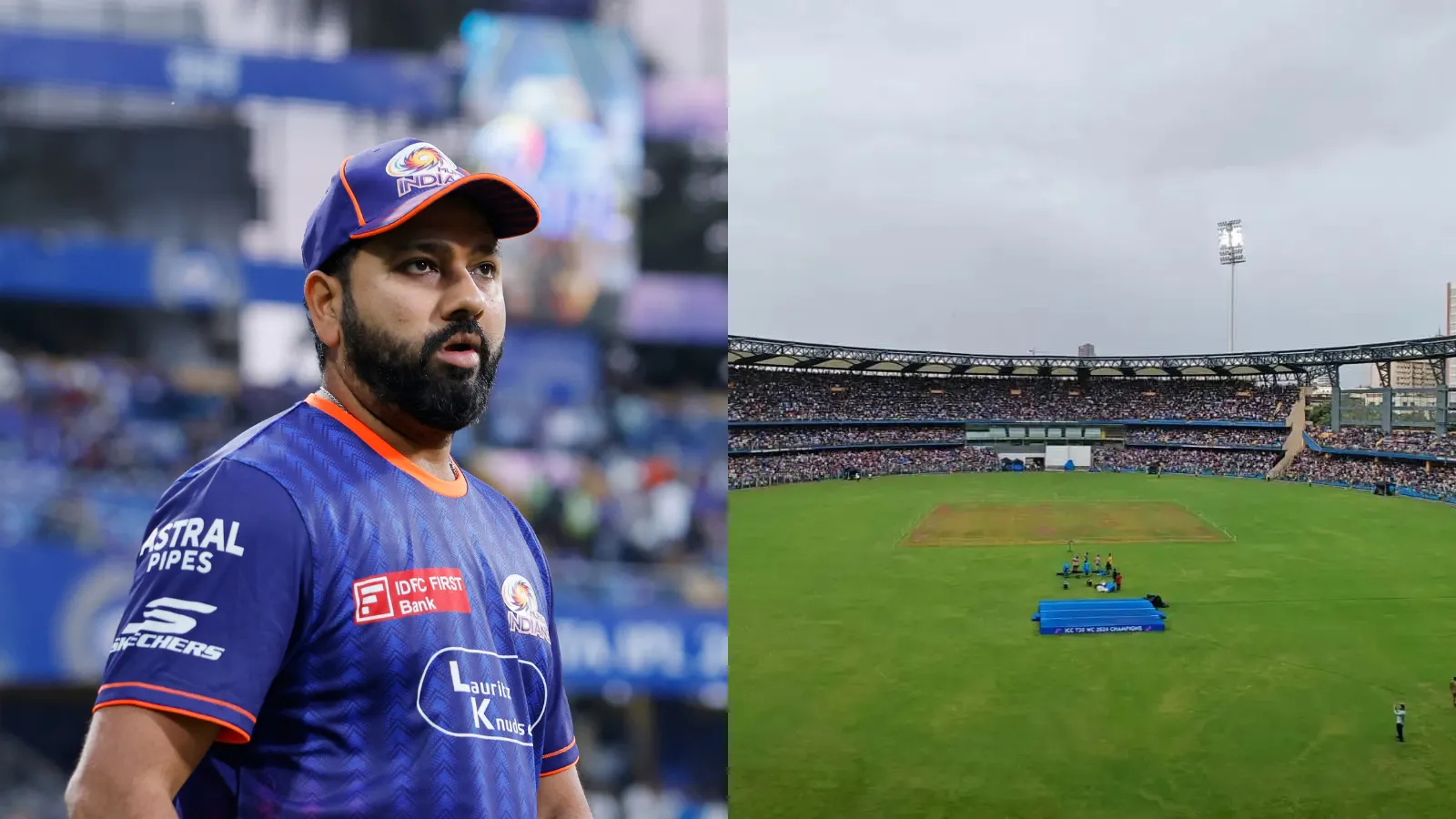Rohit Sharma reacts to having a stand named after him at Wankhede Stadium, Mumbai.