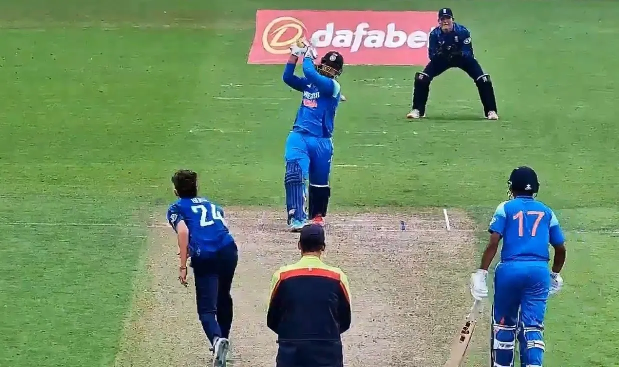 Vaibhav Suryavanshi celebrates after explosive 48-run knock vs ENG U19.

