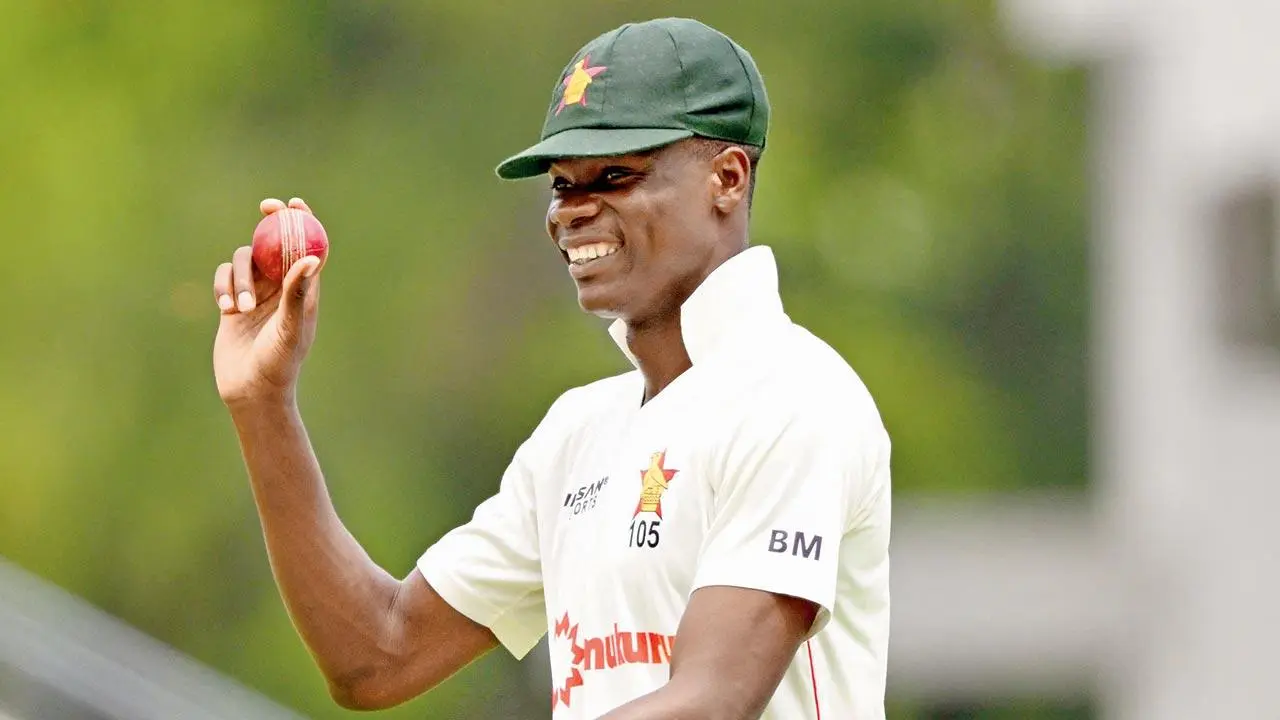 Stat graphic showing Blessing Muzarabani as the fastest Zimbabwean bowler to reach 50 Test wickets, achieving the feat in 11 matches and 18 innings.