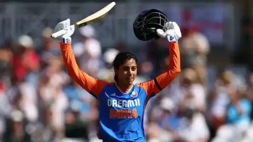Smriti Mandhana celebrates historic T20I century.