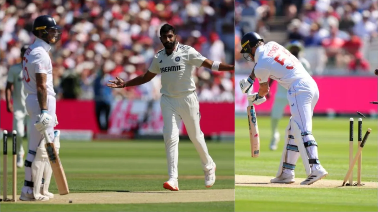 Jasprit Bumrah breaks Ben Stokes' defense. 