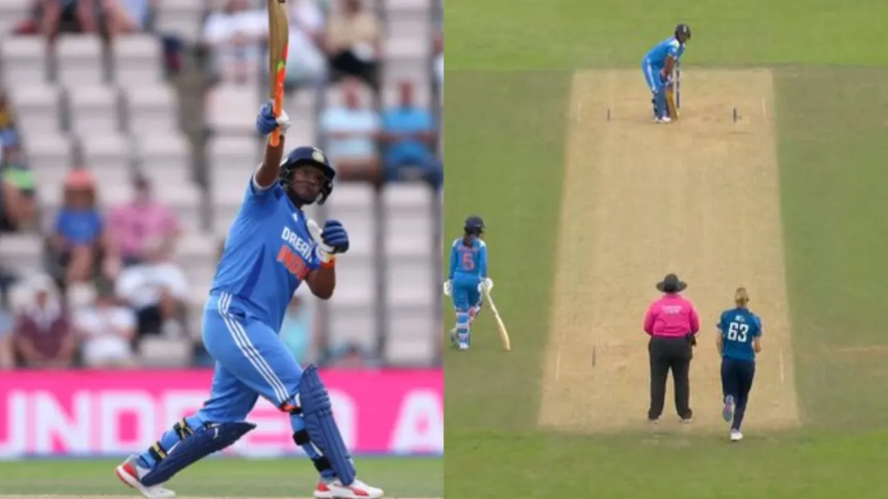 Deepti Sharma credits for one-handed six. 