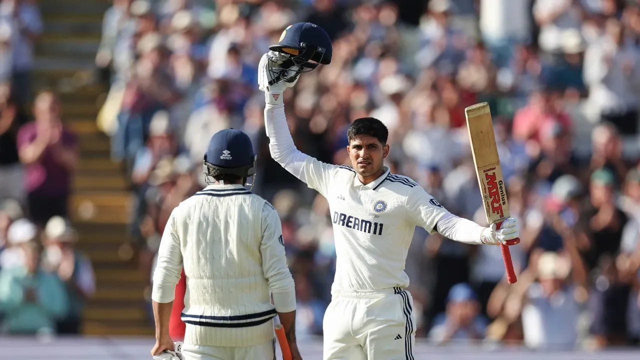 Shubman Gill celebrates after scoring 269 runs in the 2nd Test against England.