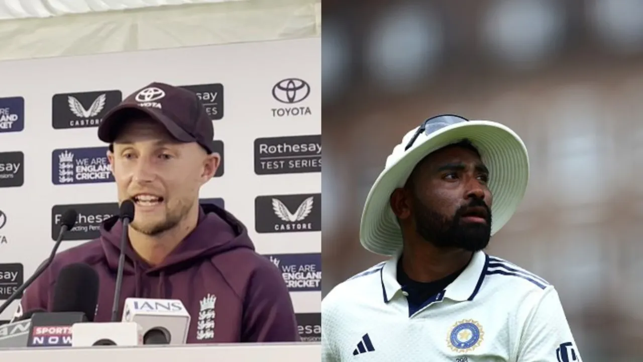 Joe Root reacts to Mohammed Siraj's bowling. 