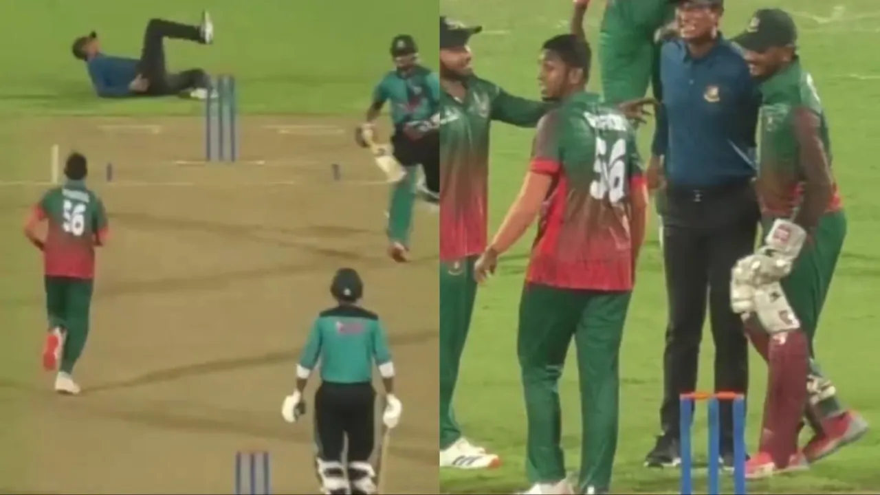  Bangladesh fielders injured umpire to leave field. 