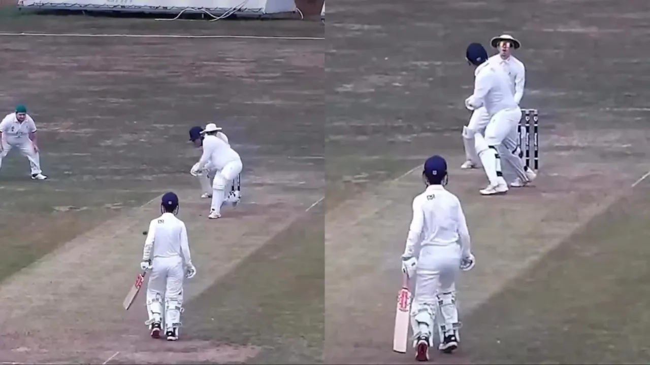 Batter misses first attempt before playing hilarious shot. 