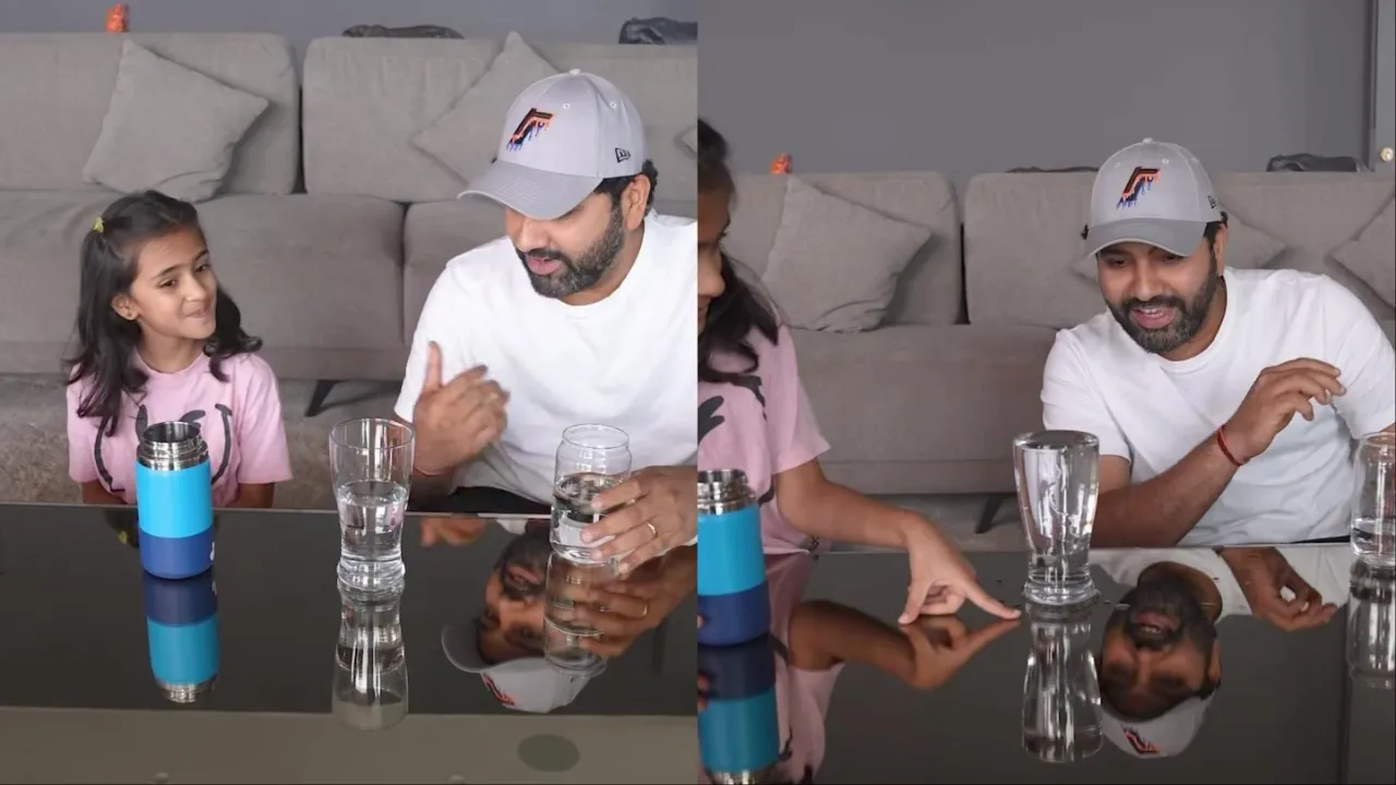 Rohit Sharma plays 'don't spill the water' game with his daughter. 