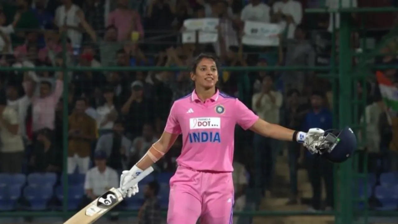 Smriti Mandhana celebrates 50-ball century. 