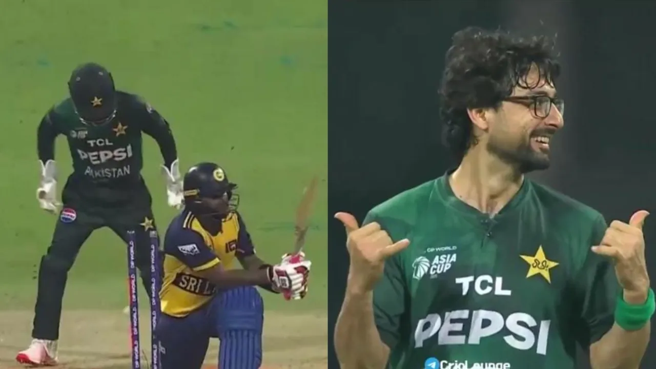 Abrar Ahmed copies Wanindu Hasaranga's celebration after dismissing Hasaranga.