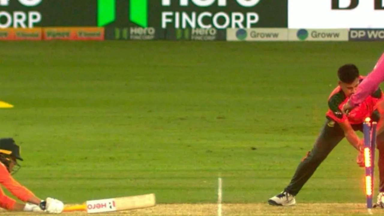 Miscommunication leads to Abhishek Sharma's run-out for 75. 