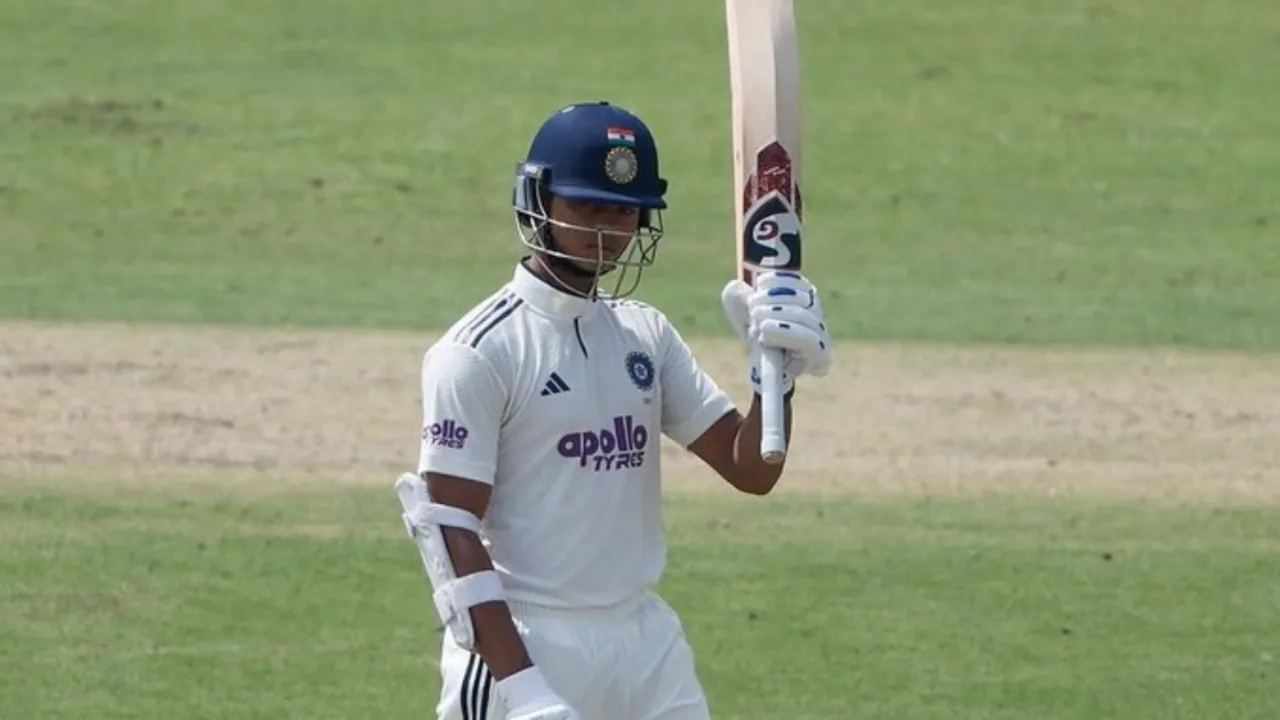 Yashasvi Jaiswal celebrates 7th Test century during IND vs WI Delhi Test. 