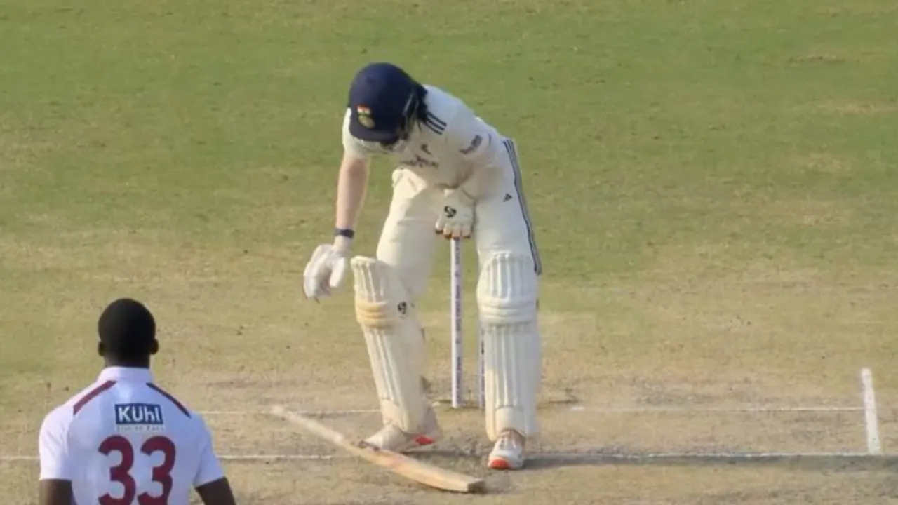 KL Rahul falls on ground in pain after ball hits him in box. 