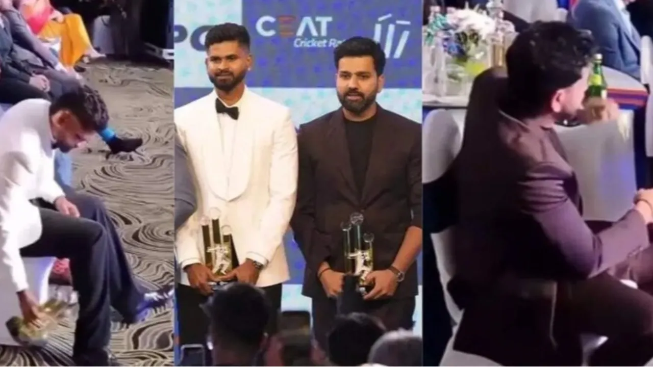 Rohit Sharma reacts to Shreyas Iyer keeping his away on floor. 