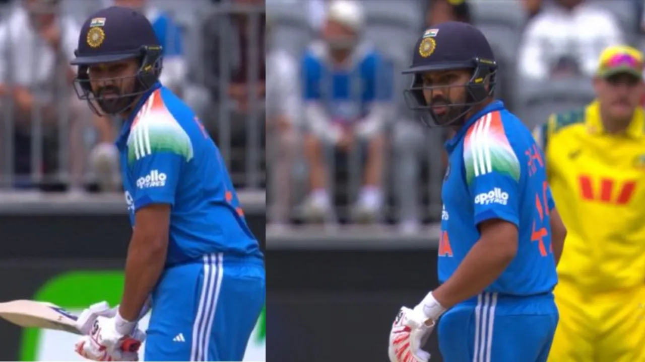 Josh Hazlewood sends back struggling Rohit Sharma. 