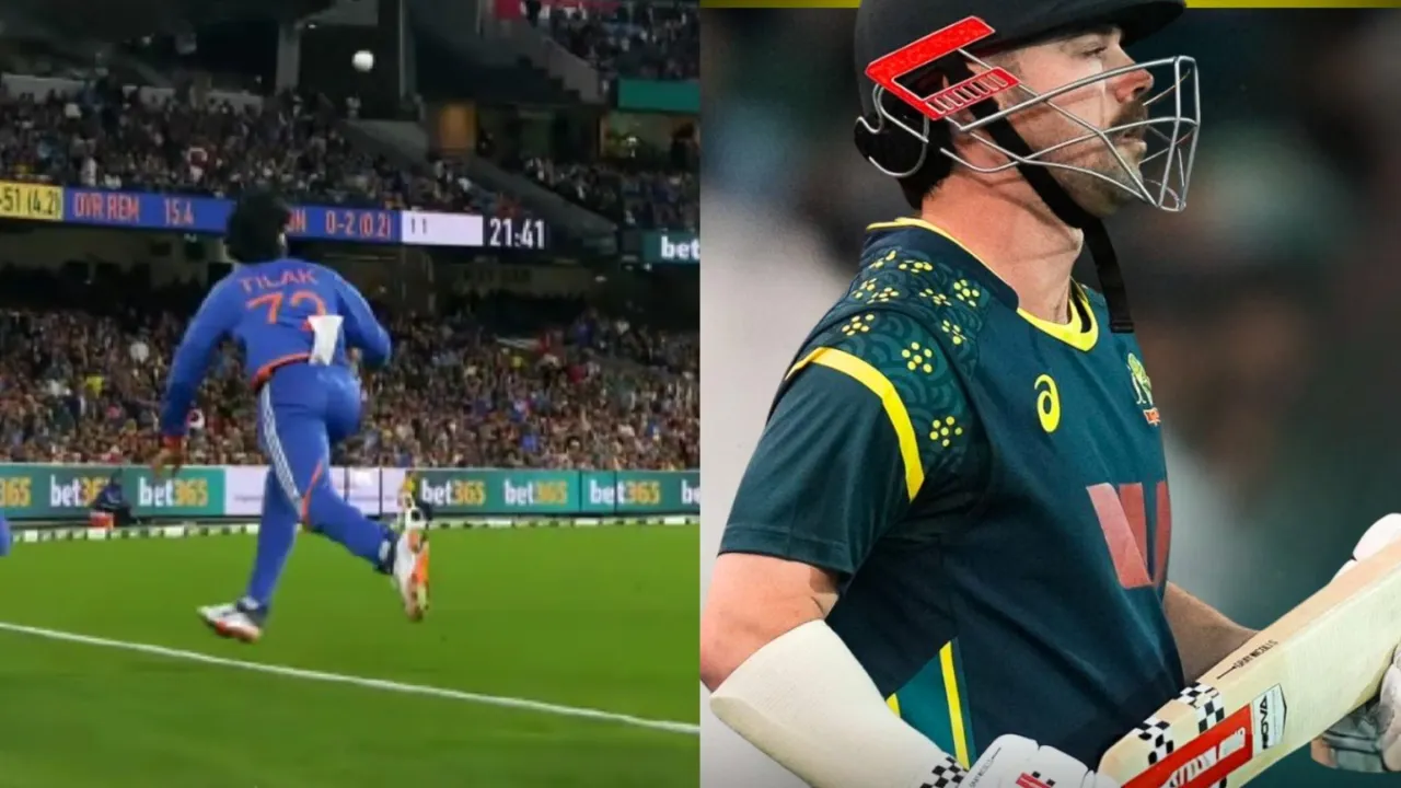 Tilak Varma’s athletic catch dismisses Travis Head. 