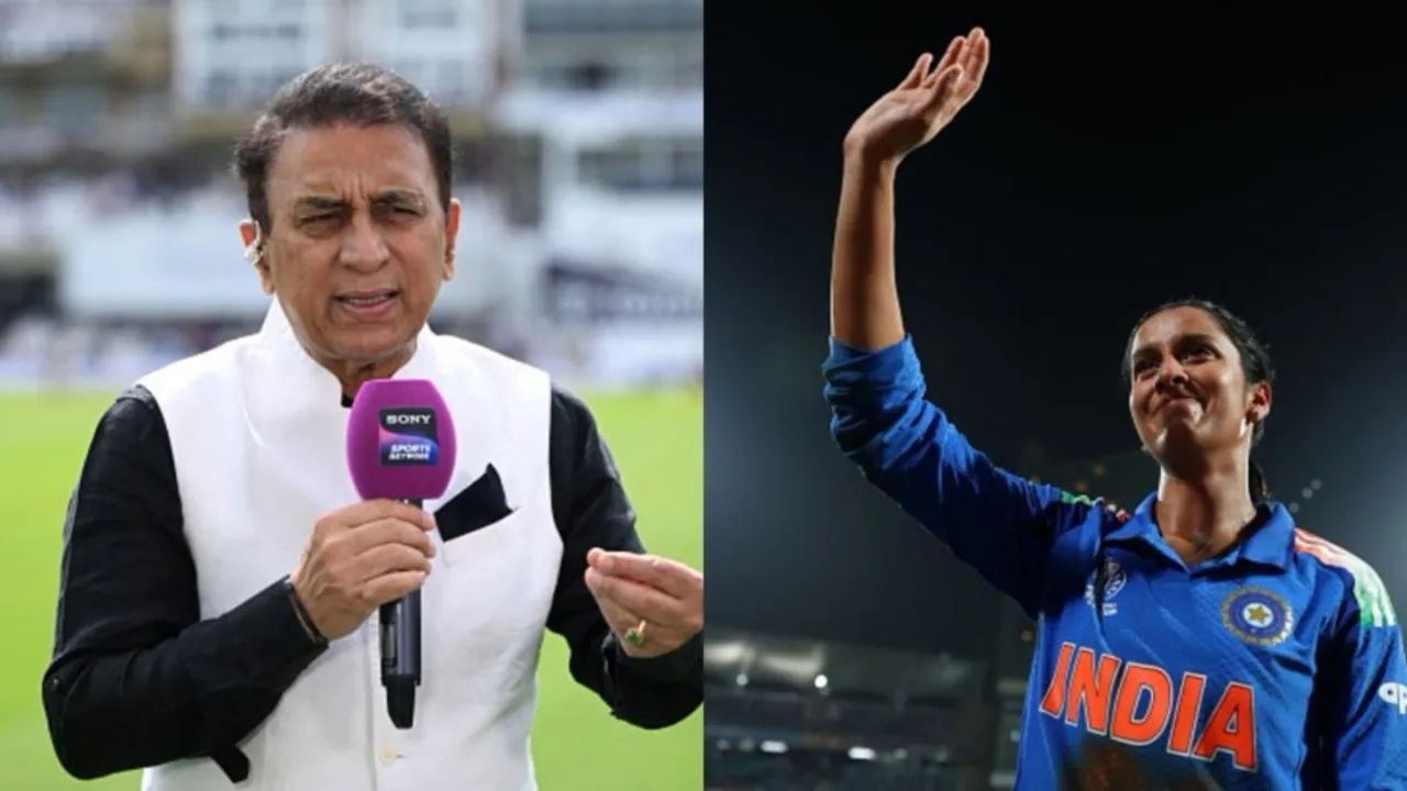 Sunil Gavaskar speaking during a cricket broadcast and Indian cricketer Jemimah Rodrigues waving to fans after a match, symbolizing Gavaskar’s memorable promise to Jemimah Rodrigues.