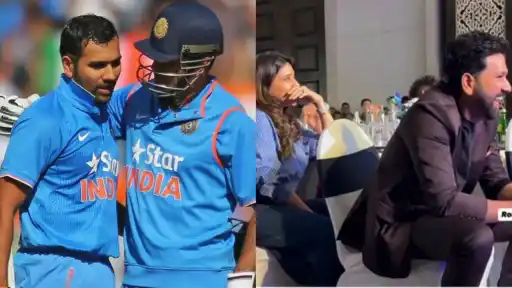 Rohit Sharma and his wife burst into laughter at MS Dhoni’s mimicry. 