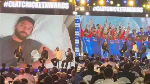 Sanju Samson and Varun Chakravarthy react to invisible Asia Cup 2025 Trophy celebration.