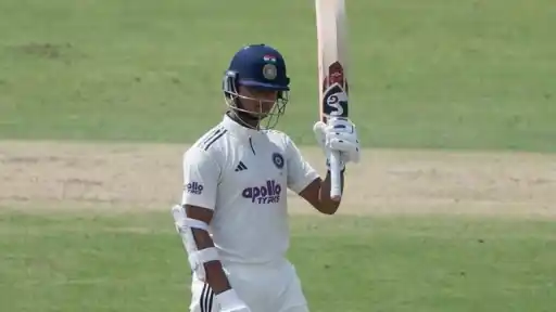 Yashasvi Jaiswal celebrates 7th Test century during IND vs WI Delhi Test.