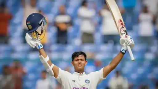 Yashasvi Jaiswal celebrates 150 during IND vs WI 2nd Test. 