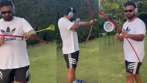 Rishabh Pant shows archery skills to hit bullseye.