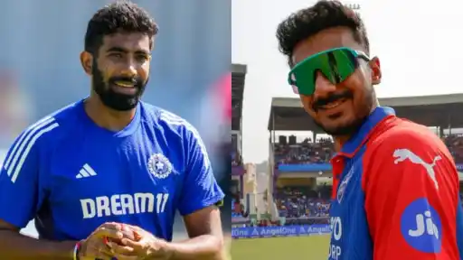 Jasprit Bumrah mocks Axar Patel in playful banter.