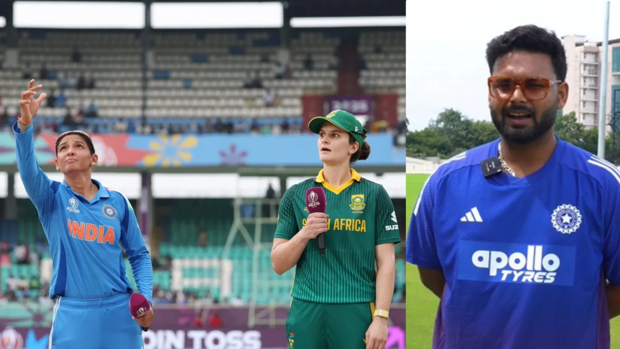 An Indian woman captain, Harmanpreet Kaur, tosses the coin before a match against South Africa, with the South Africa team captain observing, and Rishabh Pant giving an interview ahead of the game.