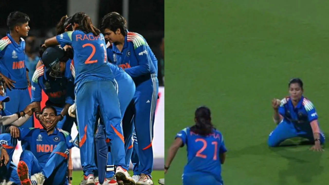 Amanjot Kaur’s stunning catch dismisses Laura Wolvaardt on 101. 