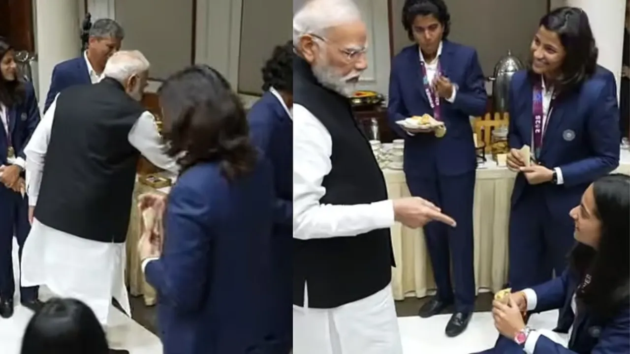 PM Narendra Modi serves food to injured Pratika Rawal during meeting. 