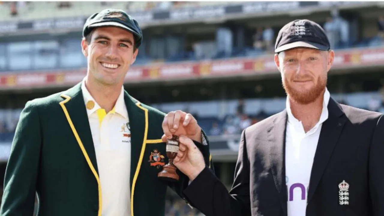 Two rival cricket captains from Australia and England pose with the historic Ashes trophy. A powerful image capturing the spirit, pride, and tradition of Test cricket’s greatest rivalry.