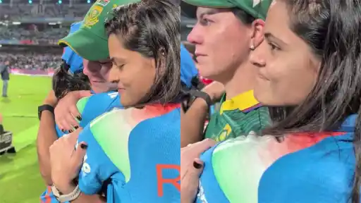 Indian players hug South Africa’s Marizanne Kapp after winning Women’s World Cup 2025.