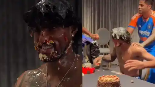Indian players celebrate Tilak Varma's birthday in dressing room.