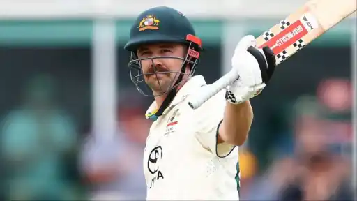 Travis Head celebrates 50 during 1st Ashes 2025/26 Test in Perth.