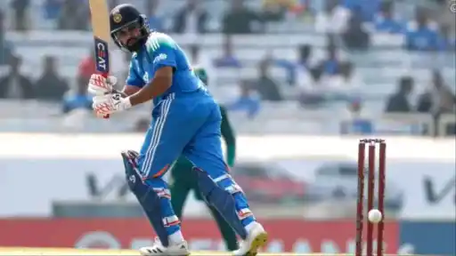 Rohit Sharma drills successive sixes against Prenelan Subrayen.