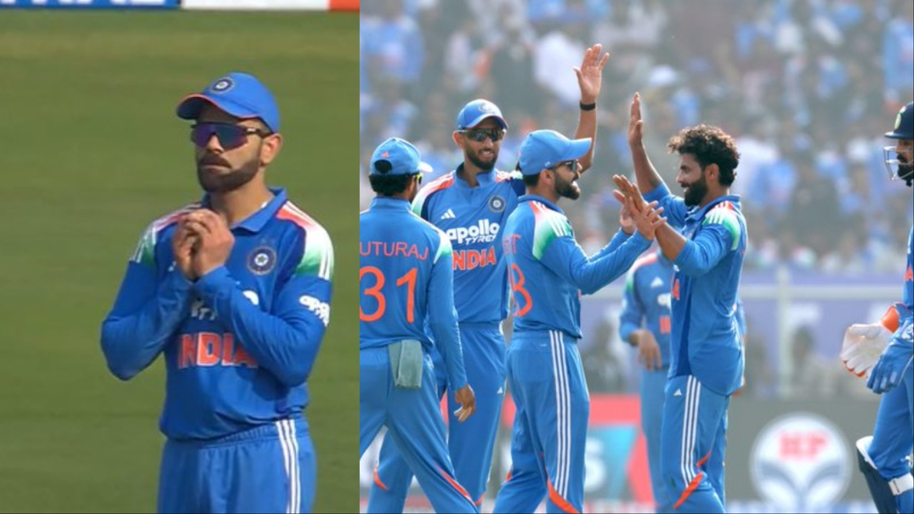 Virat Kohli celebrates as Ravindra Jadeja dismisses Temba Bavuma. 
