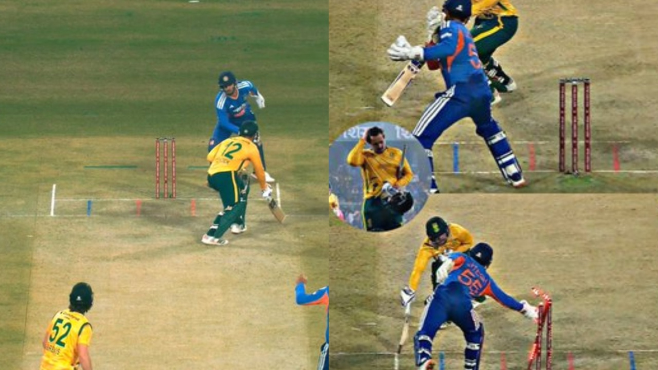 Jitesh Sharma’s superb stumping dismisses Quinton de Kock. 