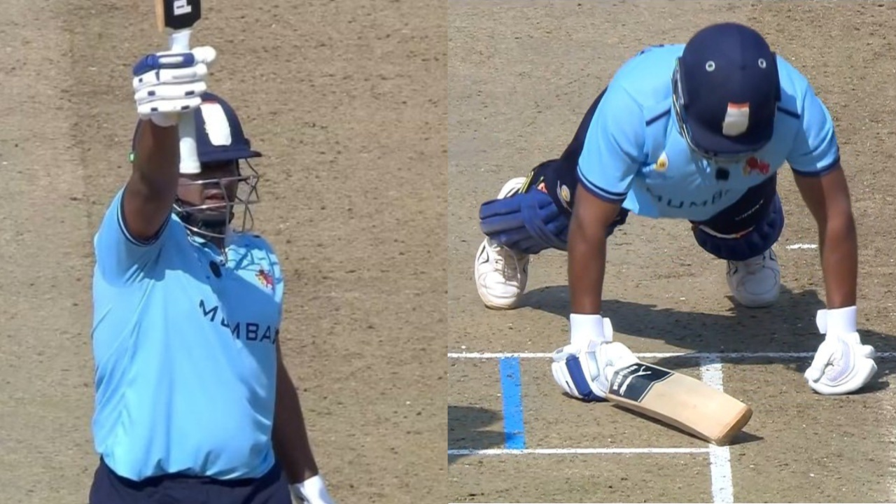 Sarfaraz Khan celebrates 15-ball half-century. 