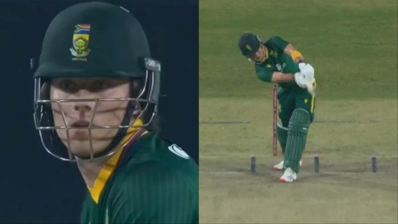 Dewald Brevis smashes Harshit Rana for no-look six. 