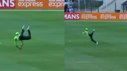 Ahmed Hussain's jaw-dropping flying catch dismisses Vedant Trivedi.
