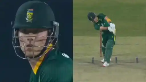 Dewald Brevis smashes Harshit Rana for no-look six.