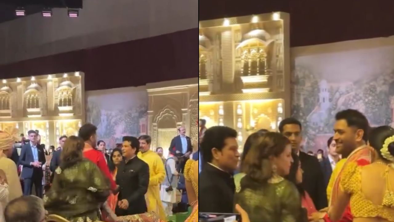 Watch: MS Dhoni and Sachin Tendulkar share warm hug at Arjun Tendulkar’s wedding reception