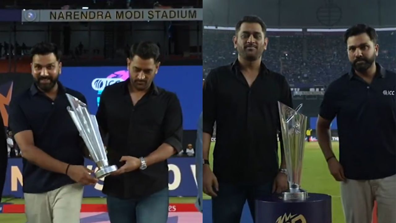 MS Dhoni and Rohit Sharma walk together with ICC Men’s T20 World Cup 2026 trophy at Narendra Modi Stadium