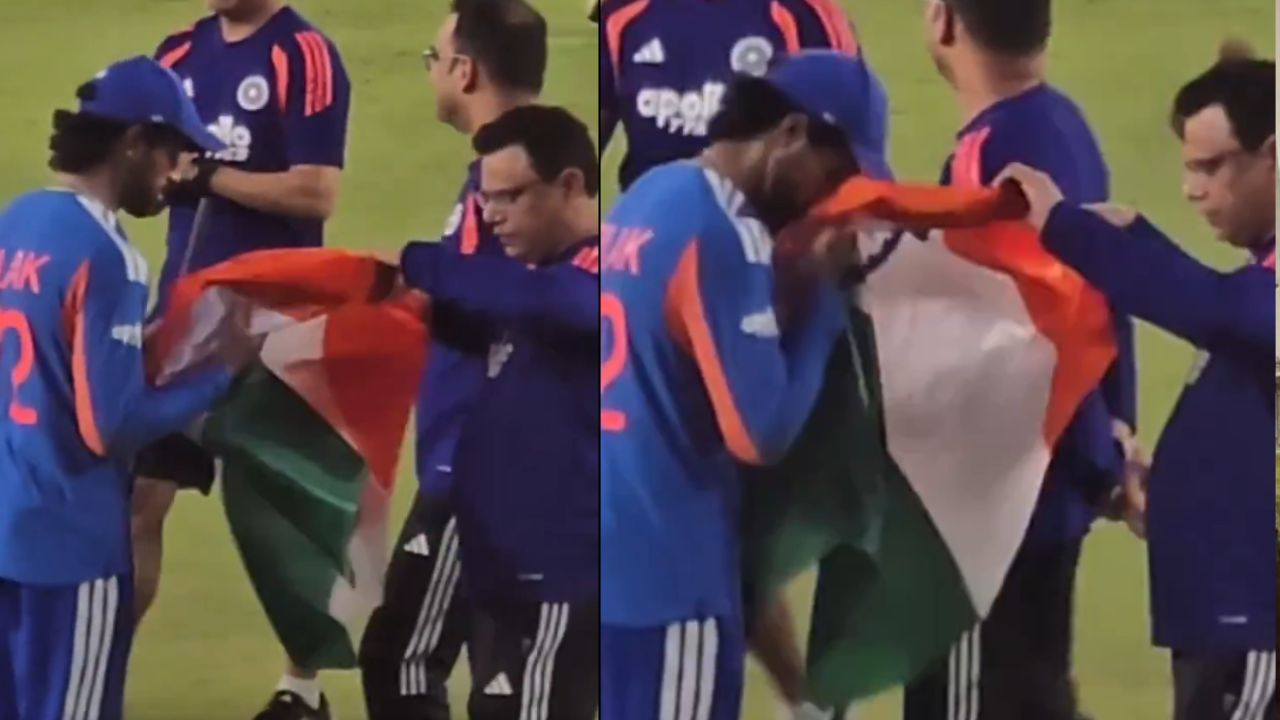 Tilak Varma shows respect to Indian flag after it slips during India’s T20 World Cup 2026 victory lap