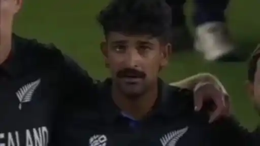 Ish Sodhi cries during New Zealand's national anthem