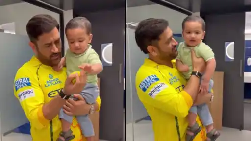 MS Dhoni with Sarfaraz Khan's son