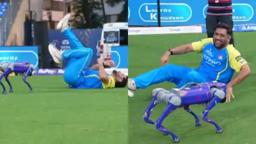 MS Dhoni playing with the robot camera