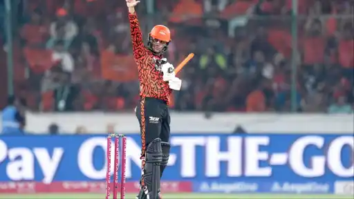 Abhishek Sharma celebrates 15-ball fifty.